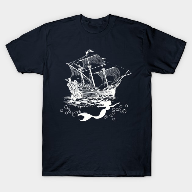 Mermaid and Galleon Ship T-Shirt by Puddle Lane Art